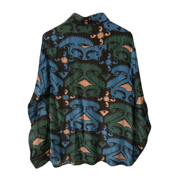 NEW Oliphant Womens Size Medium Button Down Blue & Teal Uzbek Printed Blouse - Picture 4 of 9